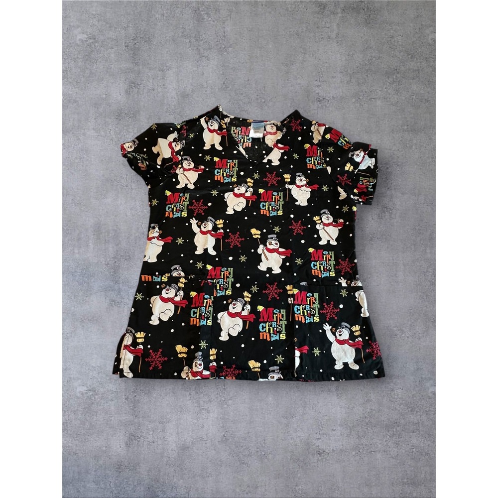 Frosty the Snowman Scrub Top Womens Small Black Christmas V-Neck Cotton EUC